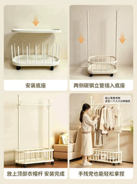 Floor-Standing Garment Rack with Storage Basket and Wheels for Bedroom Dormitory
