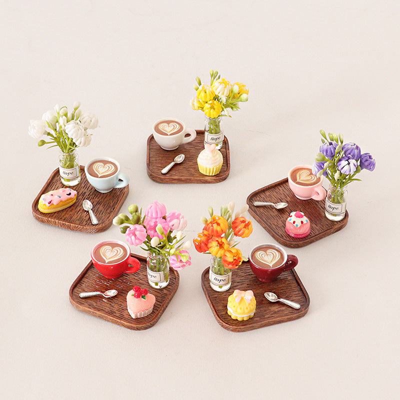 Dollhouse Miniature Cake Tray Set with Coffee Cups and Spoons, DIY Food Play Scene Decor
