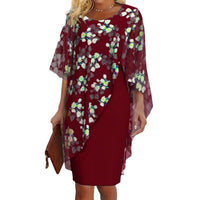 Women's Irregular Hem Floral Print Two-Piece Round Neck Midi Dress