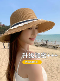 French Hepburn Style Straw Sun Hat for Women, Wide Brim Foldable Beach Fisherman Cap with Windproof Lanyard