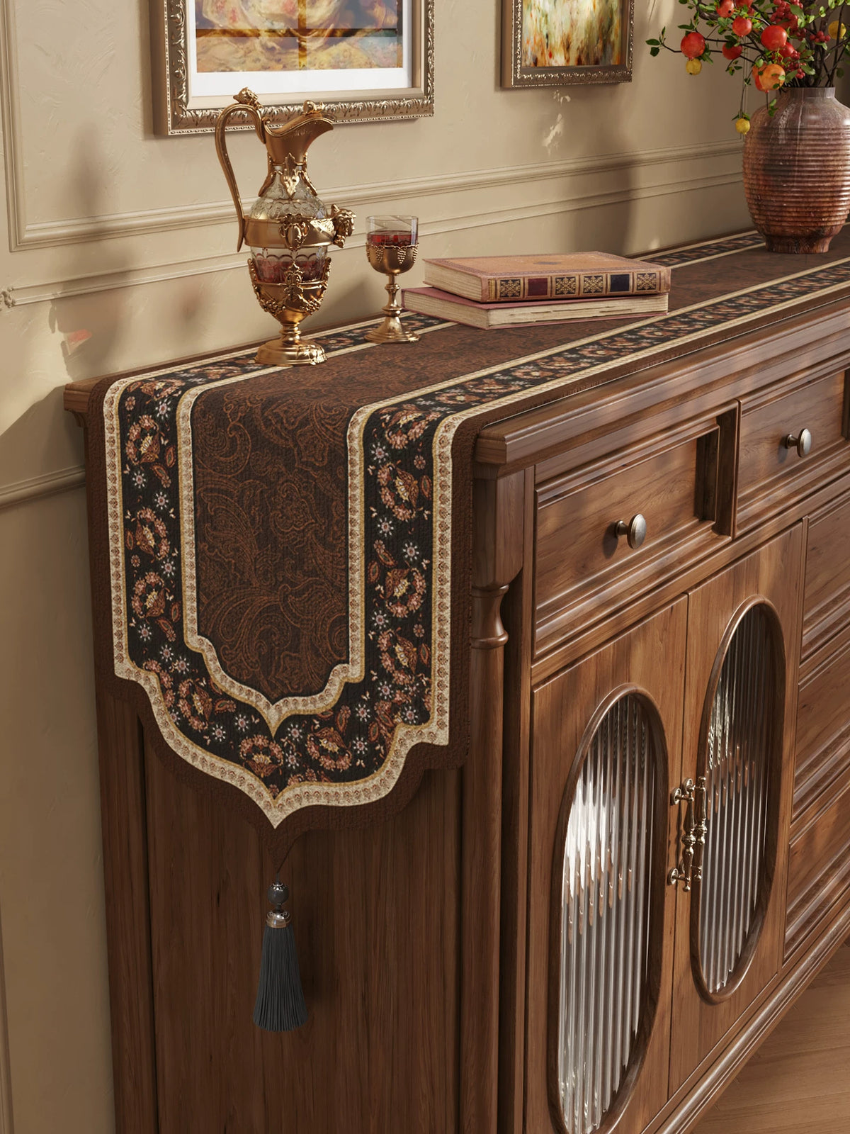 Chenille Tassel Table Runner for Dining Sideboard TV Cabinet Decor