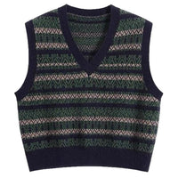 Vintage Striped V-Neck Knitted Vest for Women, Sleeveless Sweater Tank Top