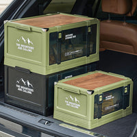 Outdoor Camping Storage Box with Wooden Lid, Foldable and Thickened Plastic Organizer for Car Trunk Travel