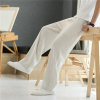 Men's Summer Linen Blend Straight Leg Casual Pants Loose Fit Wide Leg Trousers