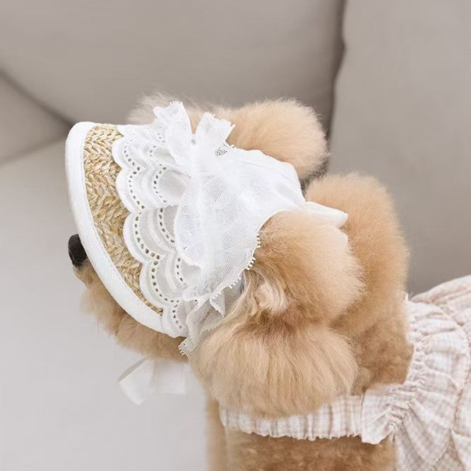 Pet French Straw Hat for Small Dogs and Cats, Teddy Bichon Ear-Out Lace Sun Hat, Adjustable Eye Protection Cap
