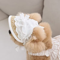 Pet French Straw Hat for Small Dogs and Cats, Teddy Bichon Ear-Out Lace Sun Hat, Adjustable Eye Protection Cap