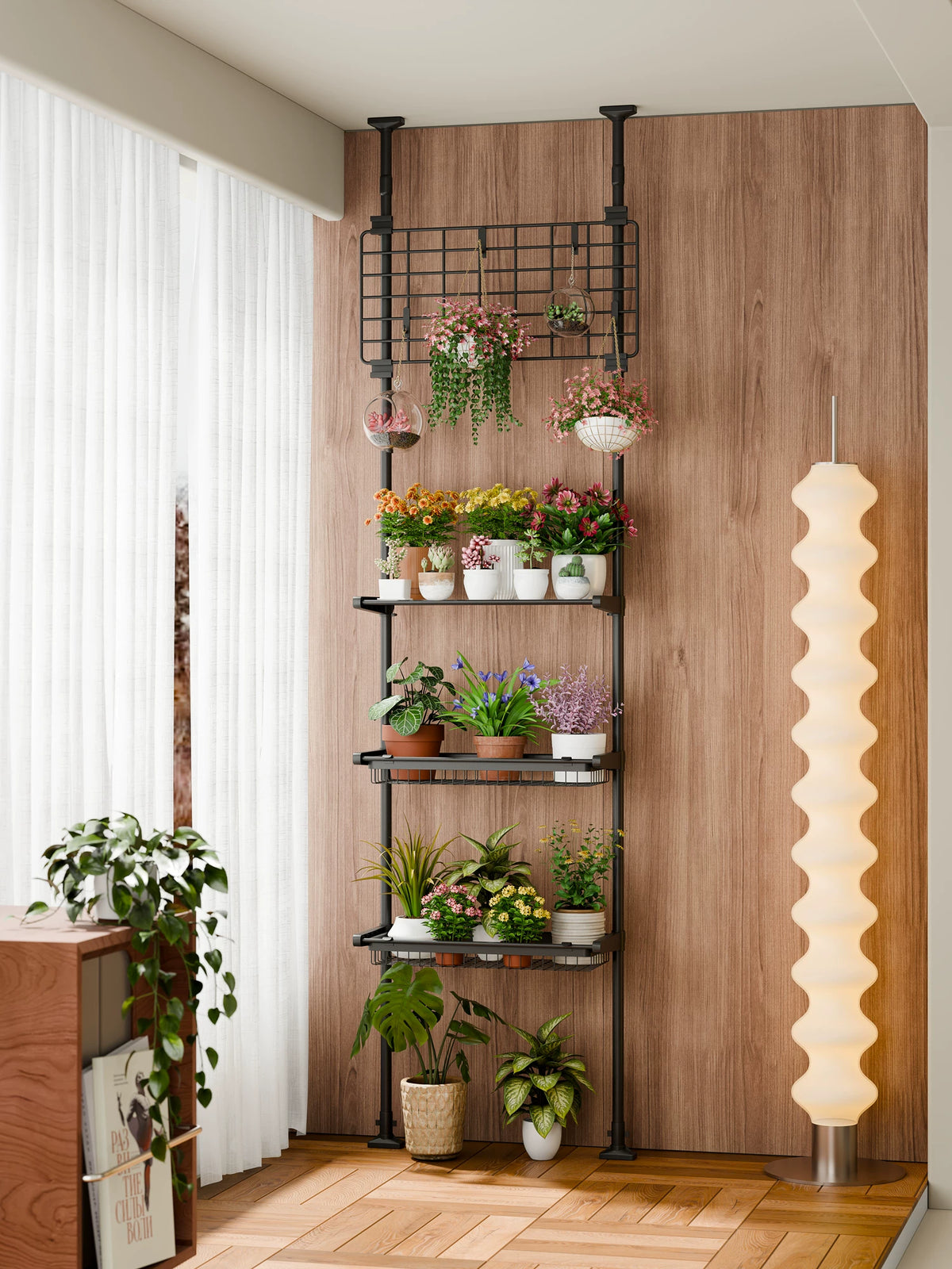 Adjustable Tension Rod Plant Stand with Multi-Tier Shelves and Baskets for Balcony and Indoor Display