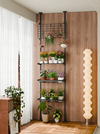 Adjustable Tension Rod Plant Stand with Multi-Tier Shelves and Baskets for Balcony and Indoor Display