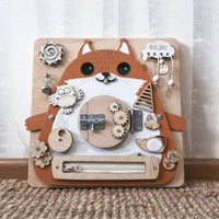 Montessori Wooden Busy Board for Kids - Animal Owl & Orange Cat Cognitive Matching Puzzle Toy