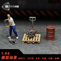 1:64 Scale Diorama Repair Shop Accessories with Figures and Engine Parts