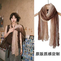 Bohemian Linen Blend Pleated Scarf for Women - Gradient Color Headscarf Shawl