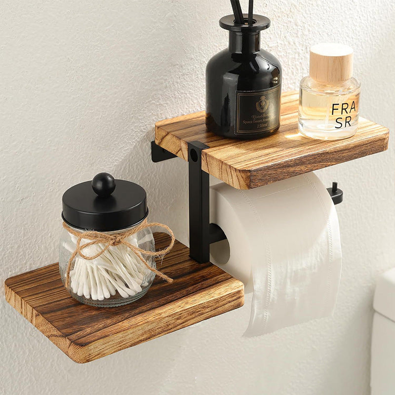 Wall Mounted Wooden Toilet Paper Holder with Iron Frame for Bathroom and Hotel