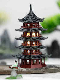 Exquisite Pagoda Micro-Landscape Ornament with LED Light for Aquariums and Bonsai