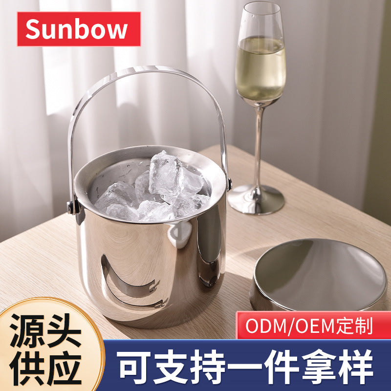 Double-Layer Stainless Steel Ice Bucket with Lid and Tongs, Insulated Wine Chiller for Home & Hotel
