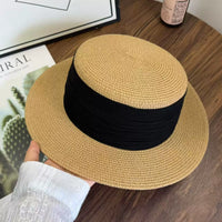 Women's Flat-Top Straw Sun Hat for Beach Vacations and Sun Protection