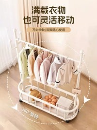 Floor-Standing Garment Rack with Storage Basket and Wheels for Bedroom Dormitory