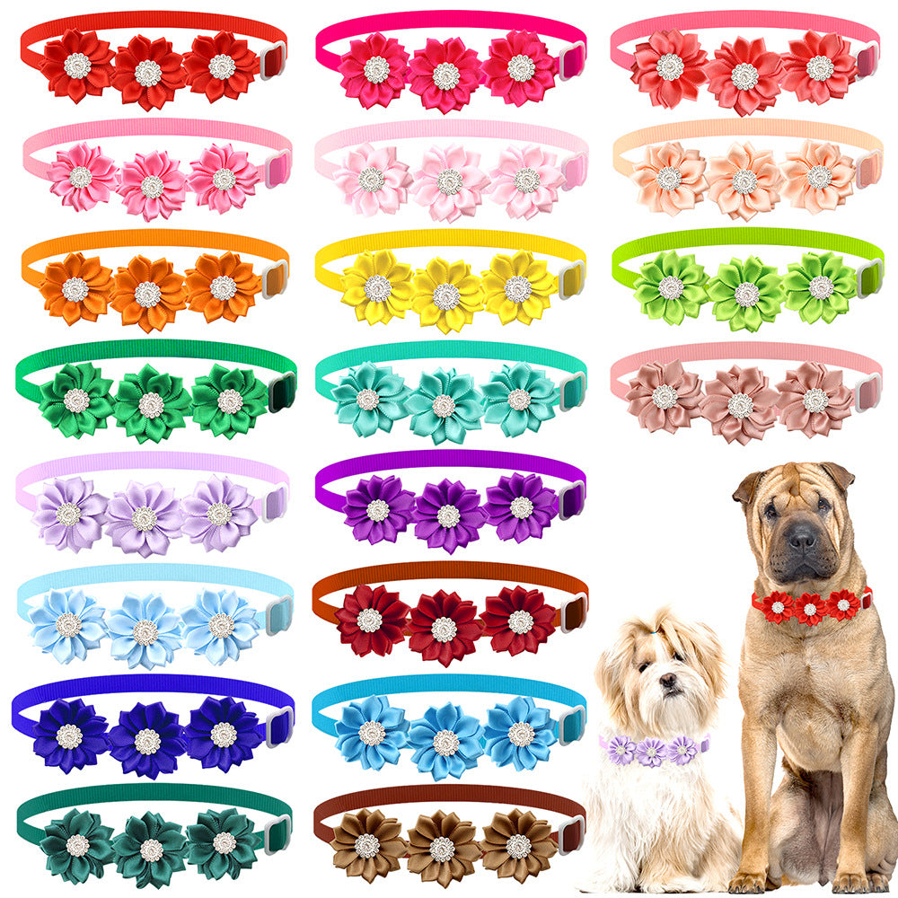 Pet Collar with Three Flower Bow and Rhinestones, Adjustable for Cats and Dogs
