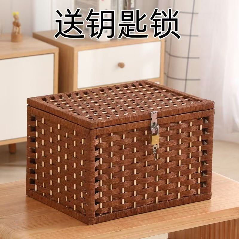 Wooden Storage Box with Lock, Household Dormitory Book Snack Organizer Basket