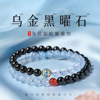 Natural Obsidian Double-Layer Bracelet with Aquamarine and Quartzite for Women