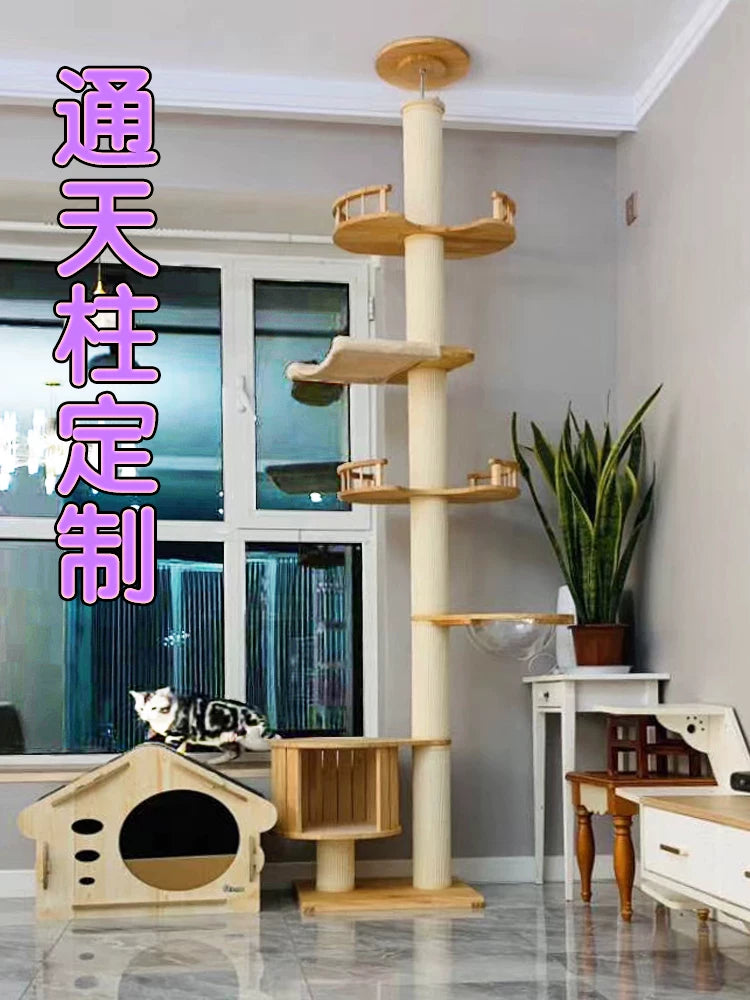 Solid Wood Floor-to-Ceiling Cat Tree Condo with Space Capsule Hammock, Large Cat Villa Activity Center