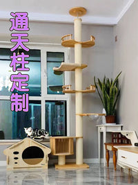 Solid Wood Floor-to-Ceiling Cat Tree Condo with Space Capsule Hammock, Large Cat Villa Activity Center