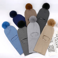 Kids' Striped Knit Beanie with Scarf Set, Winter Warm Hat with Pom-Poms