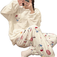 Women's Cartoon Flannel Pajama Set, Thickened Coral Fleece Winter Homewear