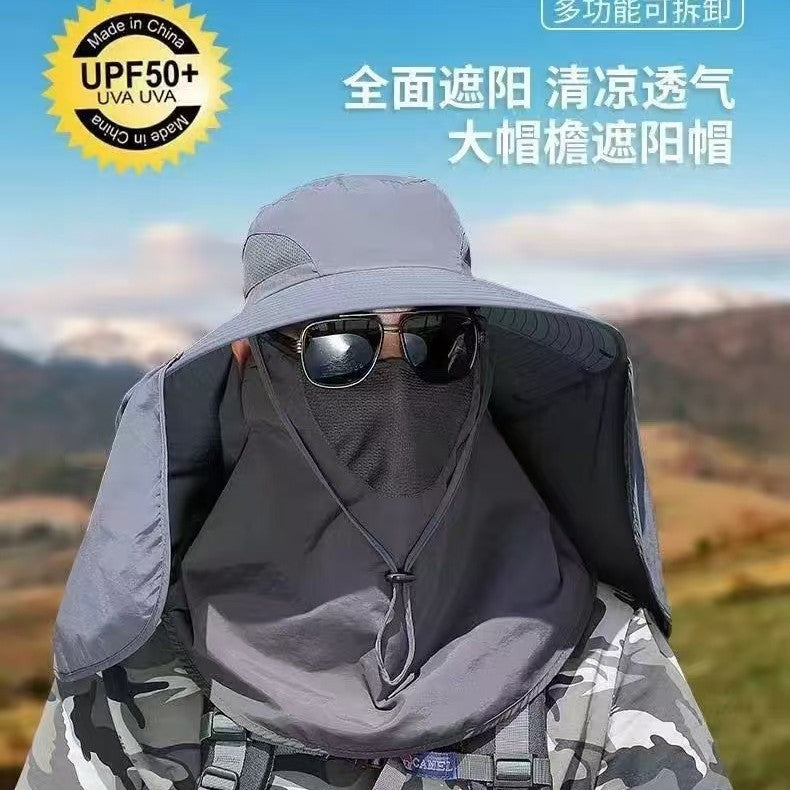 Men's Outdoor Sun Protection Hat with Face Mask and Neck Flap, UV Protection Wide Brim Fishing Bucket Hat