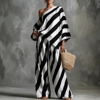 Women's Striped Print Long Sleeve Top and Wide Leg Pants Two-Piece Set