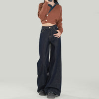 Women's American Style Dark Blue Wide Leg Jeans Loose Fit Straight Trousers