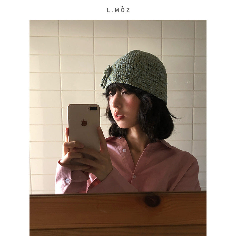 Hand-Knitted 3D Floral Patchwork Bucket Hat for Women, Stylish Mixed Color Wool Fisherman Cap