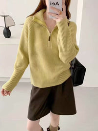 Women's Korean Style High-Neck Half-Zip Knitted Sweater