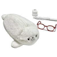 Fluffy Seal Plush Pencil Pouch with Glasses, Large Capacity Standing Stationery Organizer for Students