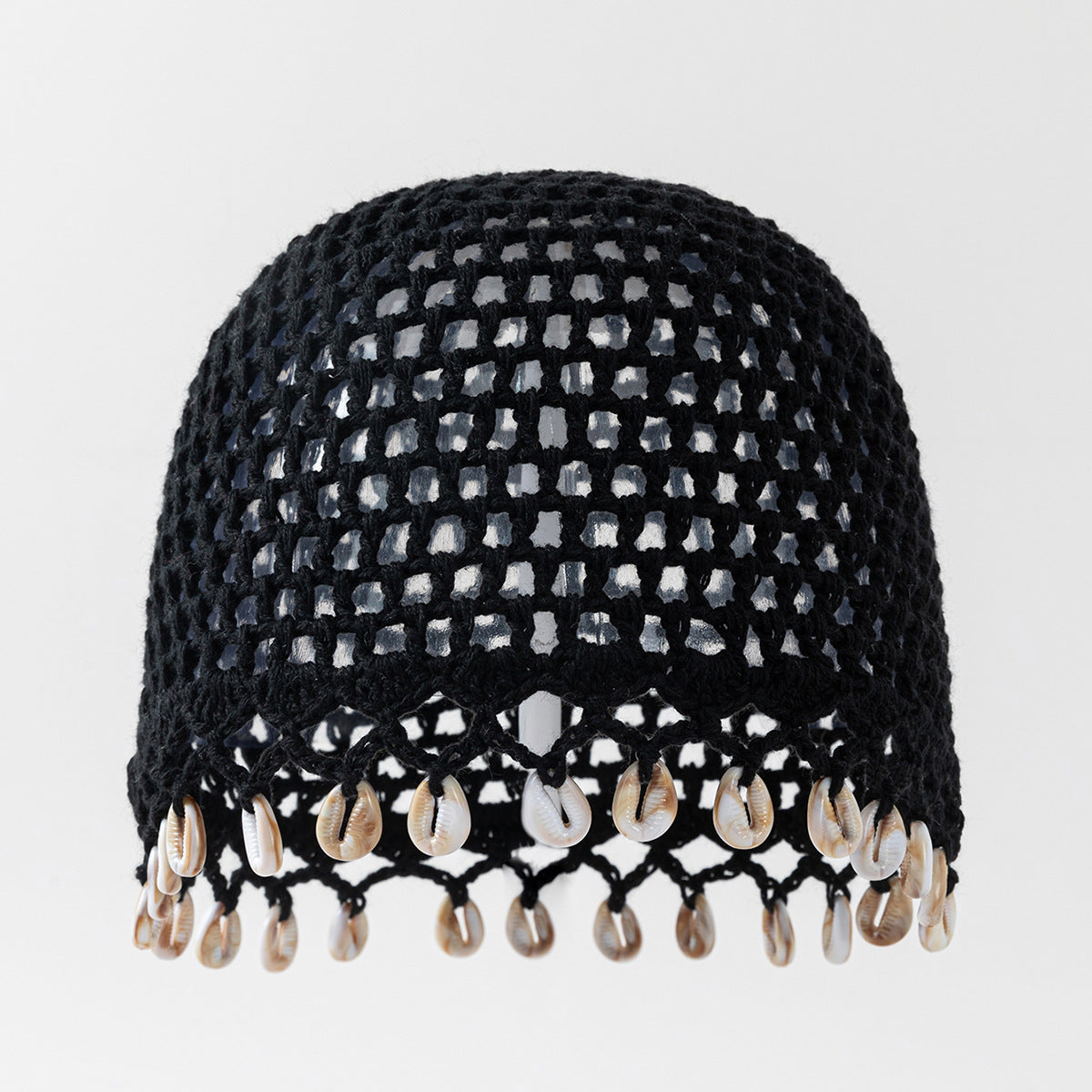 Hand-Crocheted Hollow Out Cotton Beanie with Shell Pendant for Women