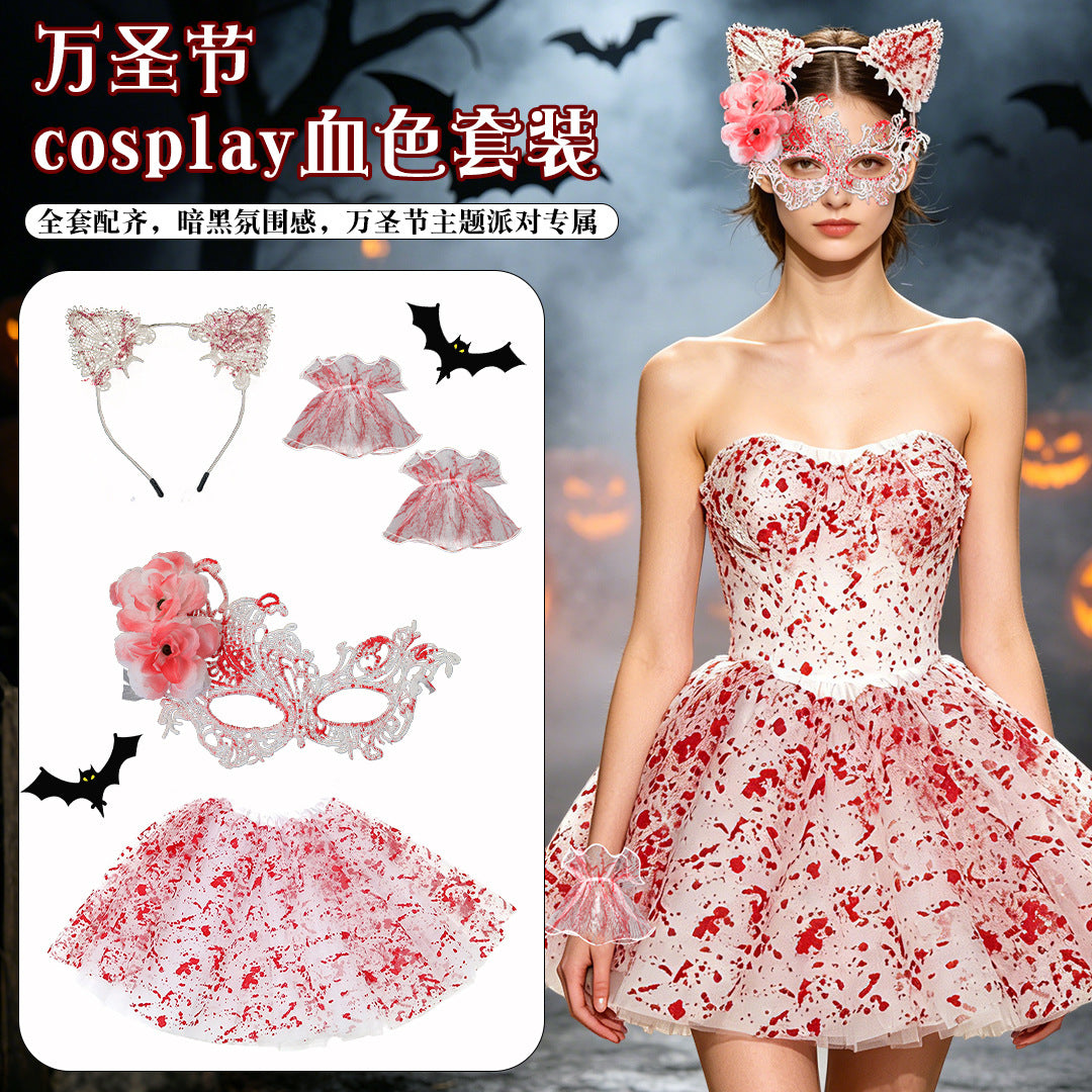 Halloween Horror Cosplay Costume Set with Bloody Gloves, Socks, and Apron