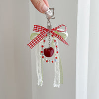 Japanese Style Cherry Bowknot Beaded Keychain Plaid Ribbon Bag Charm for Girls