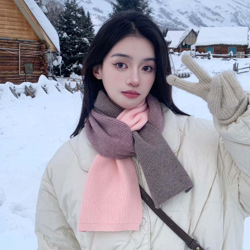 Insulated Short Knitted Scarf for Women, Korean Style Color Block Neck Warmer