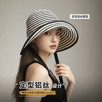 Women's UPF 50+ Wide Brim Sun Hat with Ponytail Hole, Striped Fisherman Bucket Hat for Outdoor Travel