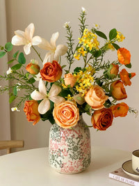 Artificial Orange Rose Bouquet with Ceramic Vase for Home and Hotel Decor