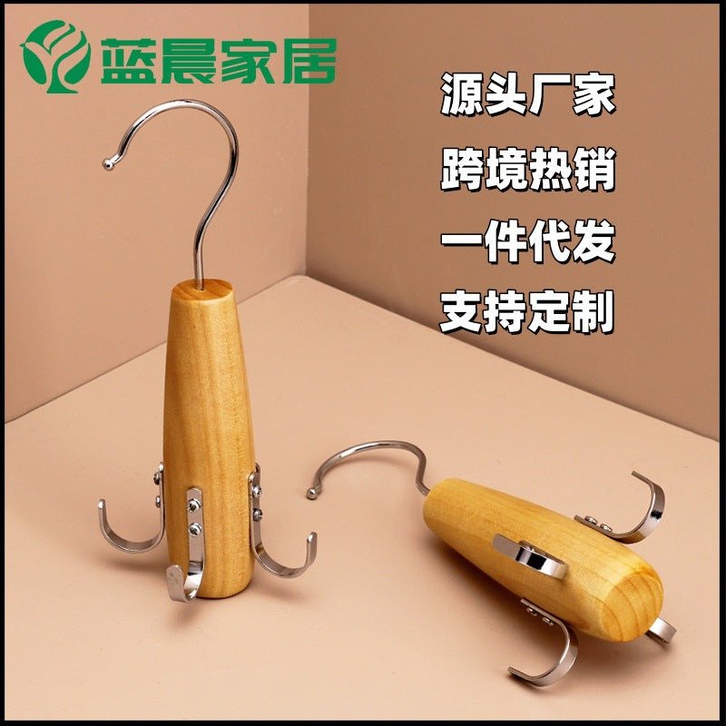 Solid Wood Multi-functional Tie Belt Scarf Hanger with Hooks for Bags Hats