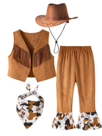 Kids Western Cowboy Costume Set with Fringed Vest and Hat for Role Play & Performances