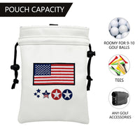 Golf Drawstring PU Ball Pouch with USA Skull Embroidery, Waterproof & Portable