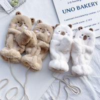 Cute Bear Plush Flip-Top Mittens for Winter - Thickened Warm Student Writing & Cycling Gloves with Neck Strap