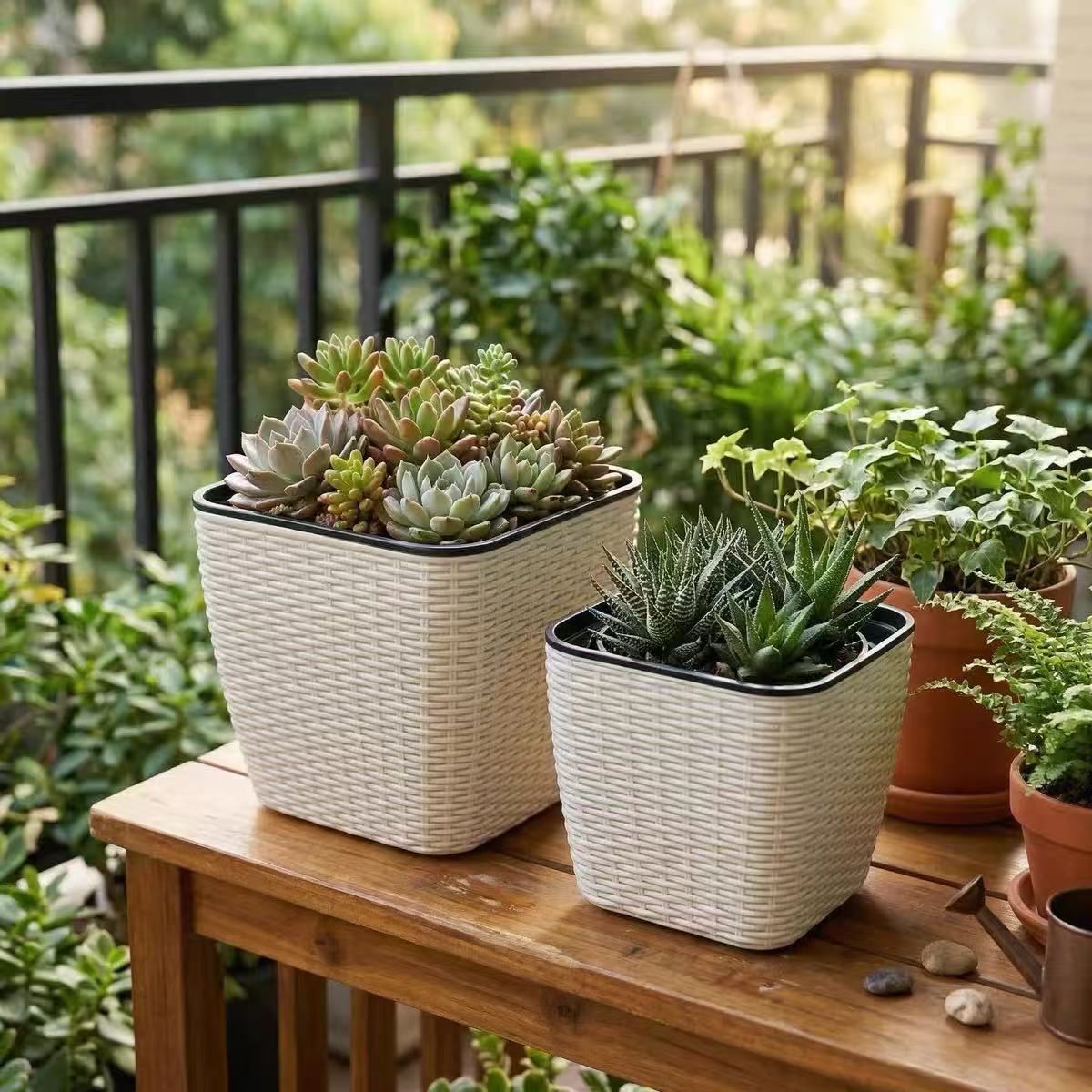 Self-Watering Square Rattan-Style Planter for Indoor & Outdoor Plants