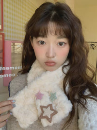 Japanese Sweet Star Plush Cross Scarf for Women, Thickened Warm Short Korean Style All-match Student Neck Warmer