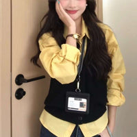 Korean Style Autumn Outfit Yellow Long Sleeve Shirt and Knit Vest Two-Piece Set
