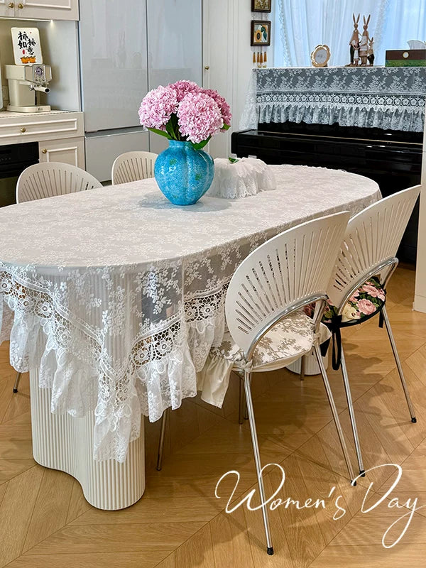 French Vintage Lace Tablecloth Dust Cover with Embroidery for Dining Table or Coffee Table