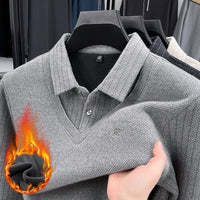 Men's Faux Two-Piece Shirt Collar Sweater with Fleece Lining, Thickened Warm Knitted Base Layer