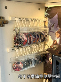 Wall-Mounted Display Rack for Badges, Keychains, and Standees with S-Hooks and Storage Bags