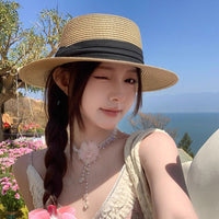 Women's French Flat Top Wide Brim Straw Fedora for Summer Beach & Garden Sun Protection